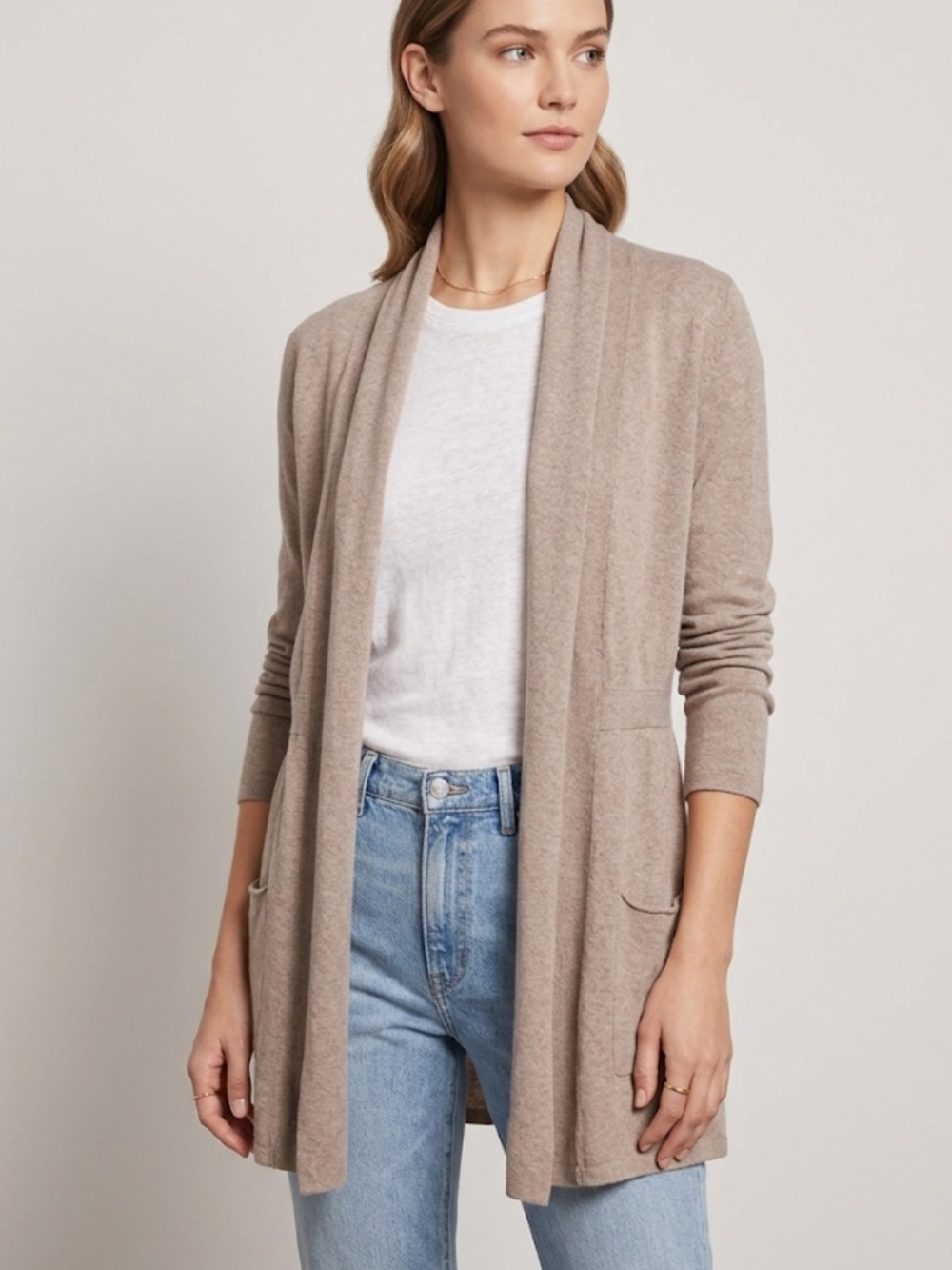 Theory Open-Front Beige Cashmere Blend Cardigan